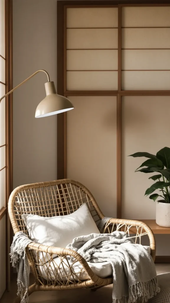 japandi style guide reading nook curved chair floor lamp wool throw calm 2026