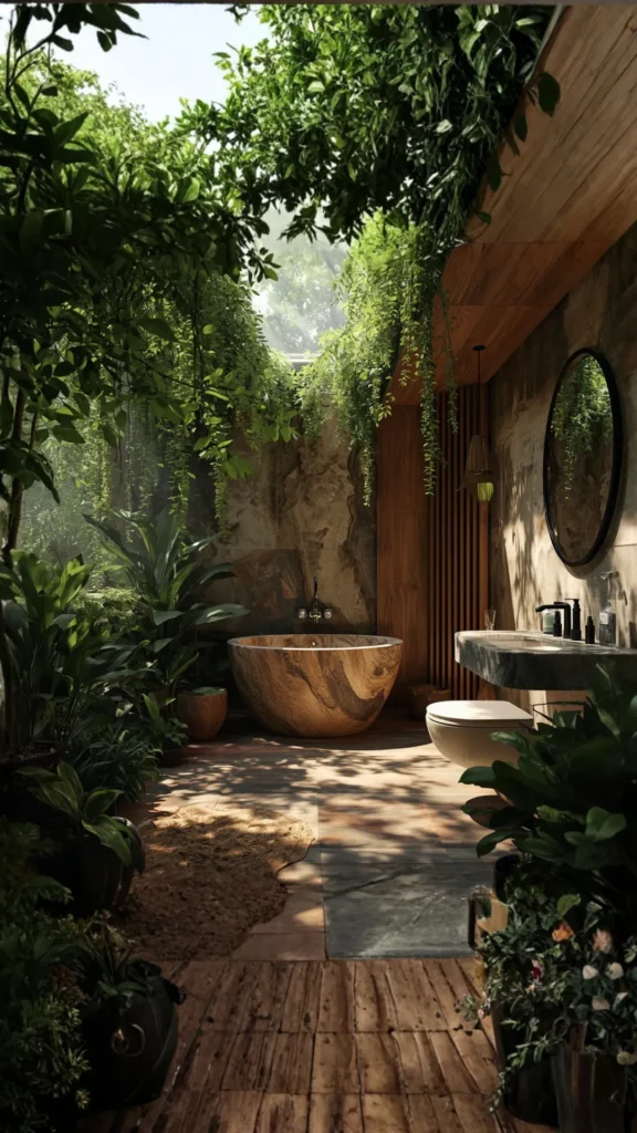 biophilic home design bathroom abundant plants natural stone warm wood spa forest