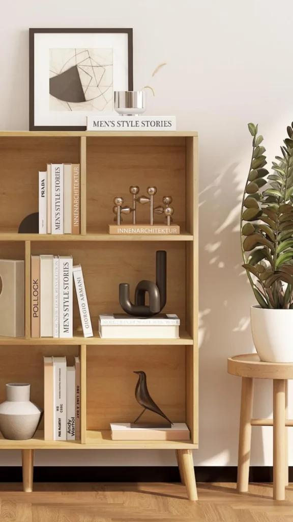 japandi living room ideas low horizontal wood bookshelf sparing
