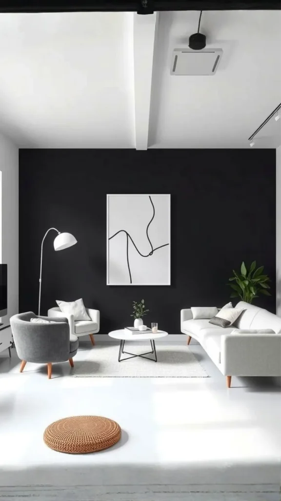 scandinavian interior design black accents graphic contrast fixtures 2026