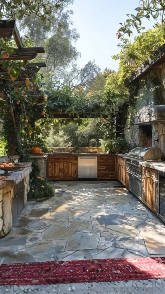 outdoor living space ideas outdoor kitchen natural stone worktop warm wood garden