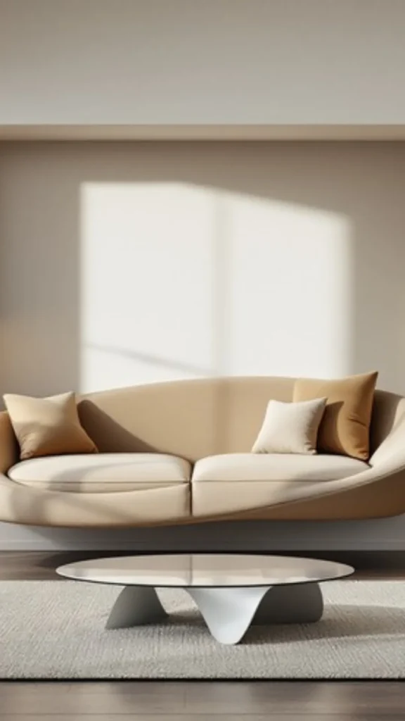 how to style curved sofa sculptural wood console table behind floated