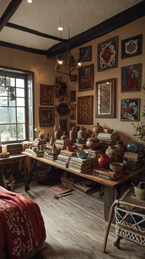 maximalist home decor curated collection objects displayed ceramics books art warm beautiful