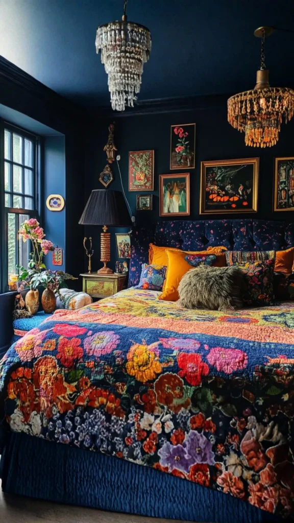 maximalist home decor bedroom bold wallpaper layered bedding gallery wall warm abundant beautiful