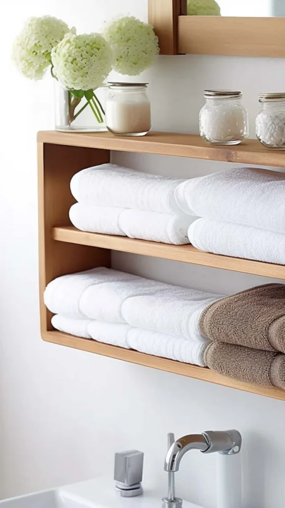 luxury bathroom on a budget floating wood shelf warm styled
