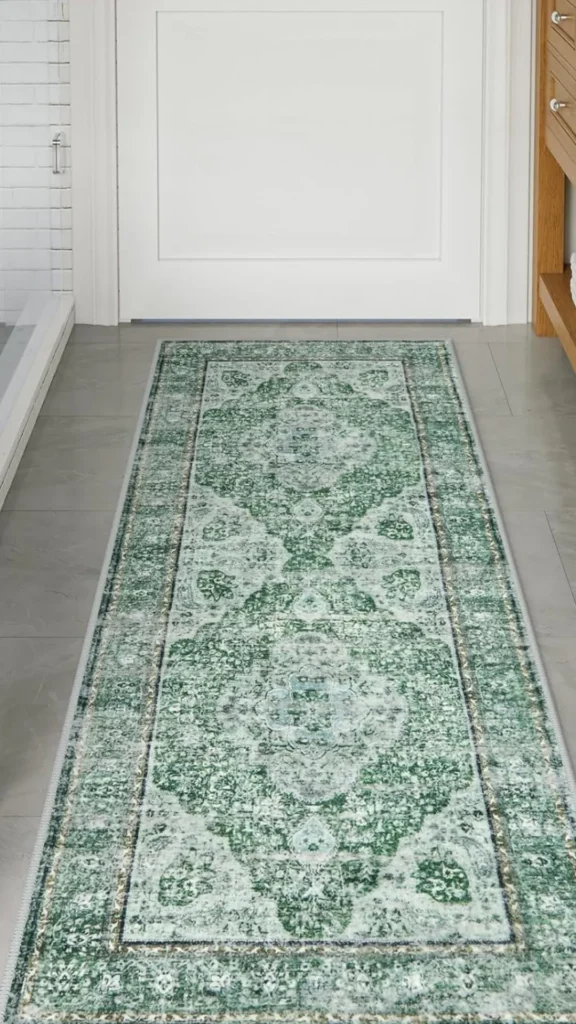 luxury bathroom on a budget vintage rug tile floor layered warm