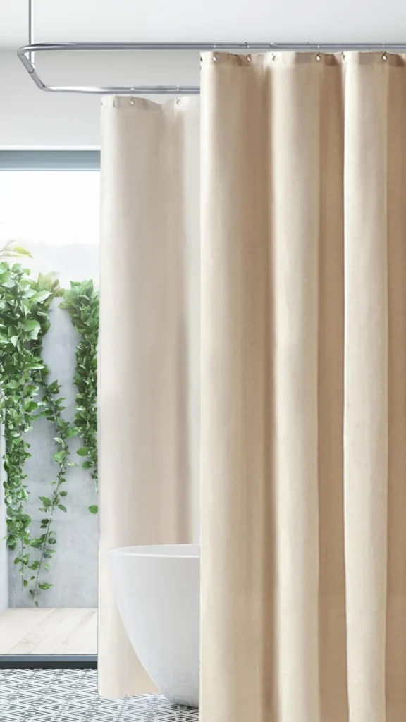luxury bathroom on a budget linen shower curtain upgrade warm texture