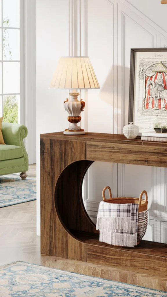 living room decor trends 2026 console table return warm wood styled