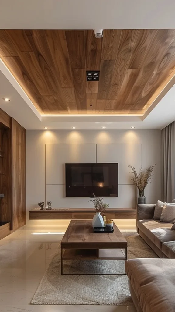 living room decor trends 2026 statement ceiling wood paneling color
