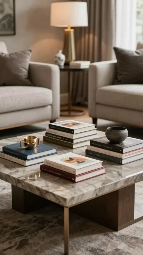 living room decor trends 2026 curated coffee table books styled