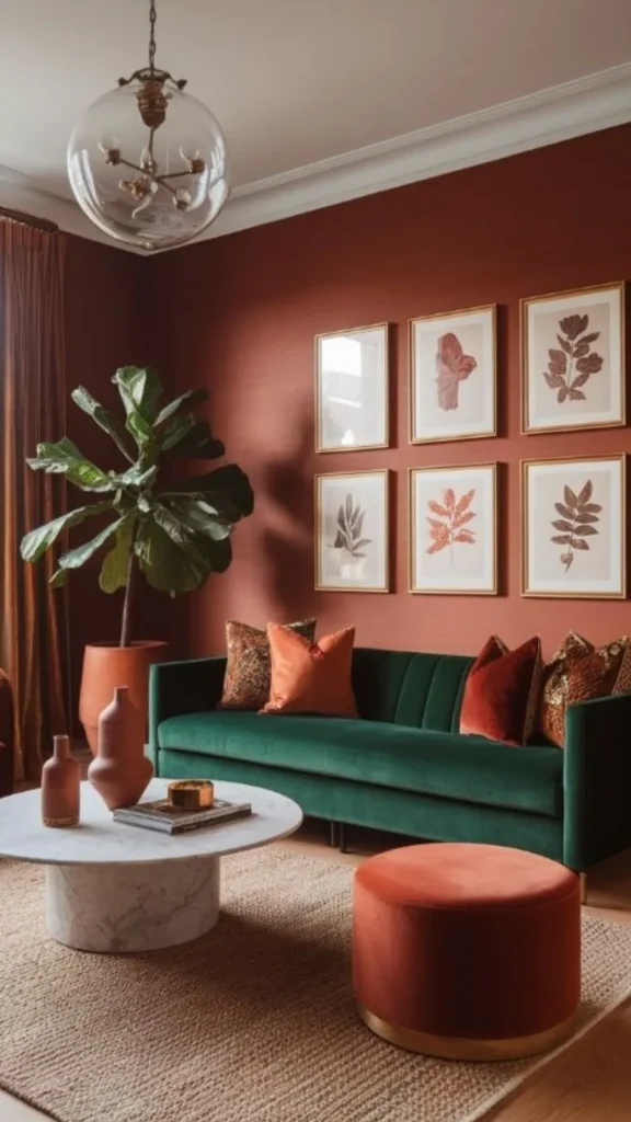 living room decor trends 2026 deeper accent color forest terracotta