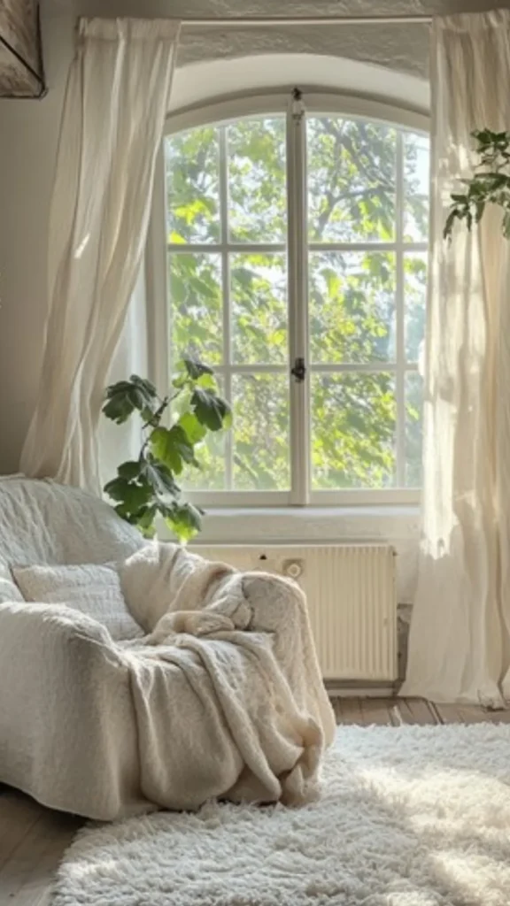 boucle armchair window nook corner natural light styled