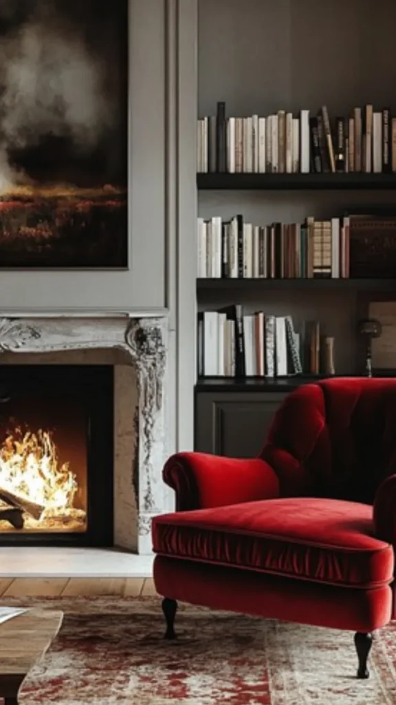 boucle armchair beside fireplace warm glowing cozy
