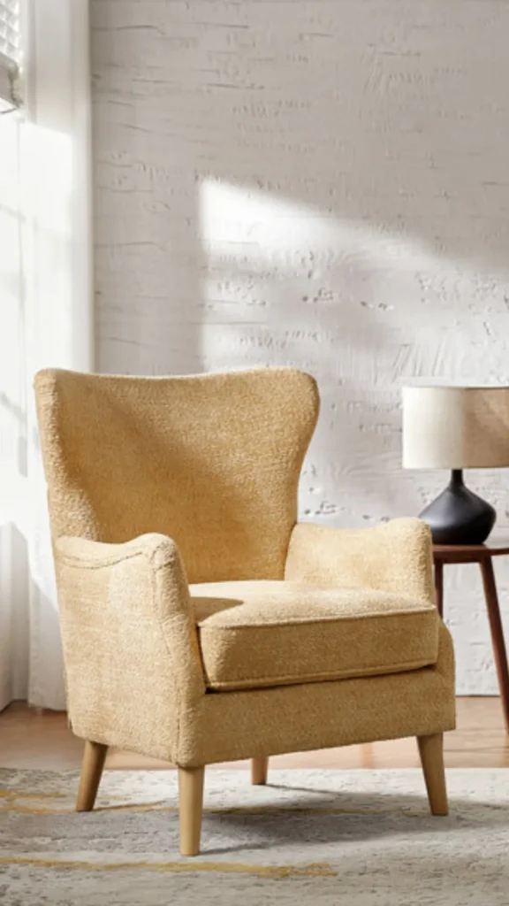 boucle armchair curved wingback silhouette warm living room