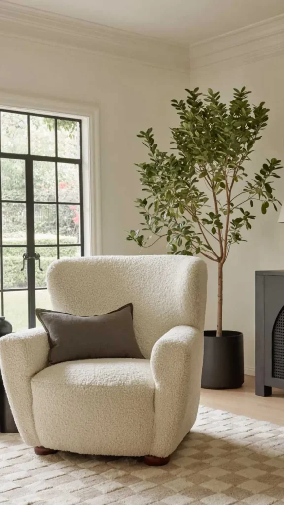 boucle armchair video call background styled home office