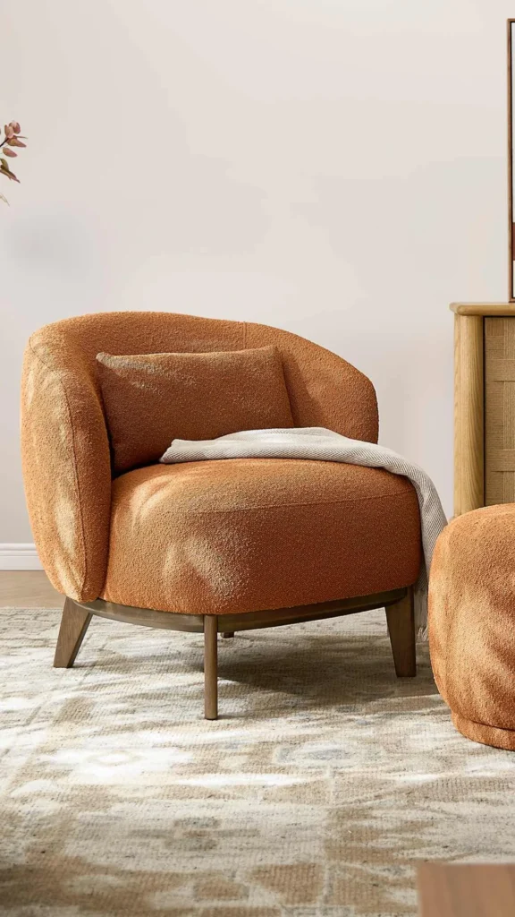boucle armchair mixed texture footstool leather woven contrast