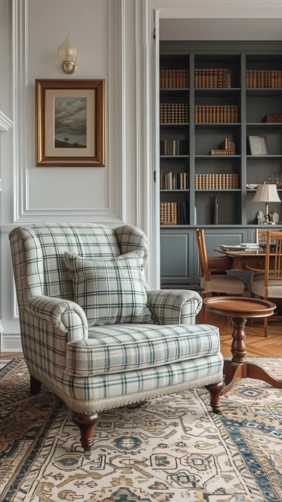boucle armchair home library curved bookshelves surrounded
