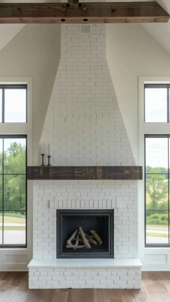 modern farmhouse living room fireplace plaster surround whitewashed simple