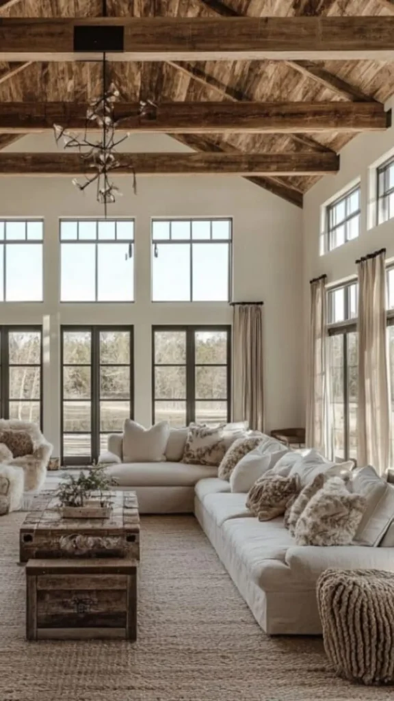 modern farmhouse living room large window natural light multi paned