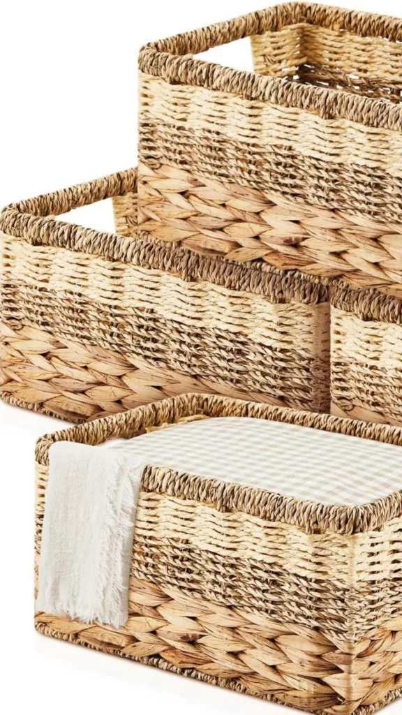 modern farmhouse living room woven basket storage throughout warm