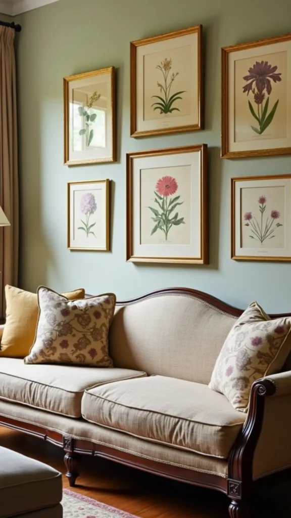 modern farmhouse living room gallery wall vintage frames botanical prints