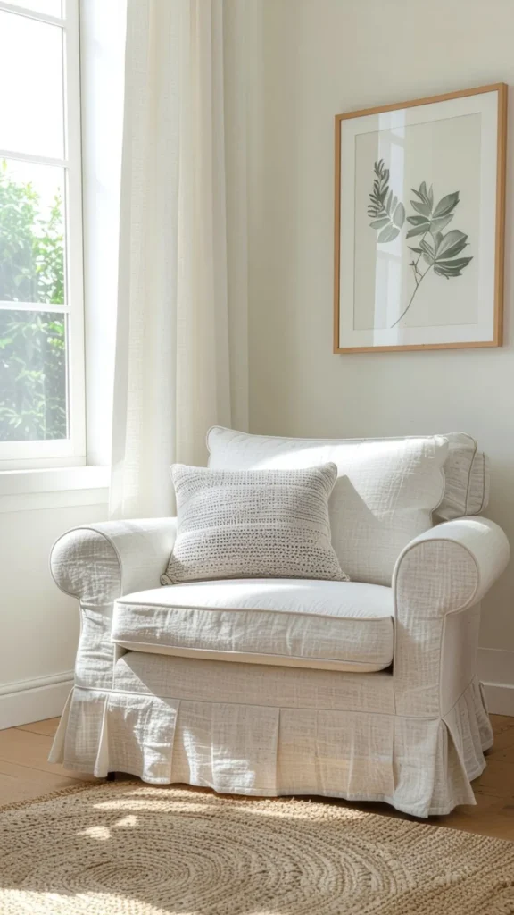 modern farmhouse living room slipcovered armchair linen beside sofa