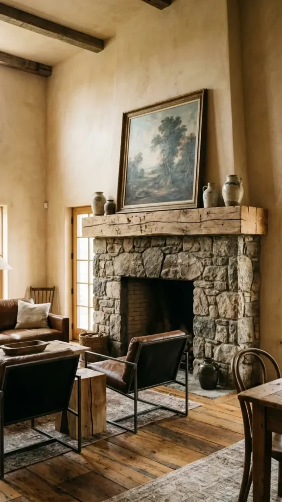 modern farmhouse living room reclaimed wood mantel weathered visible
