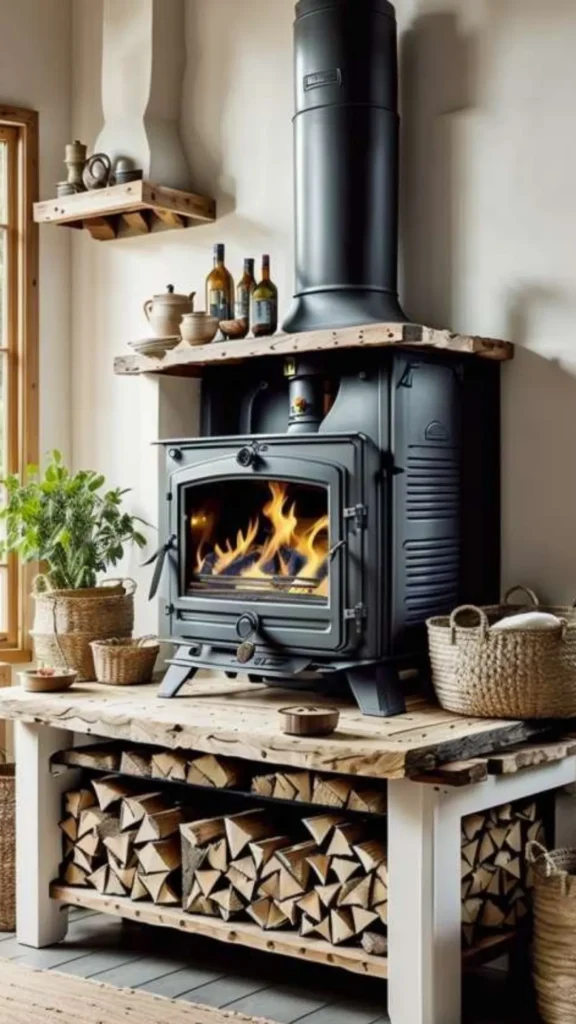 modern farmhouse living room wood burning stove cast iron freestanding