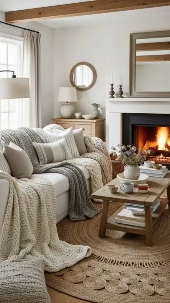 modern farmhouse living room handwoven textiles throws cushions warm
