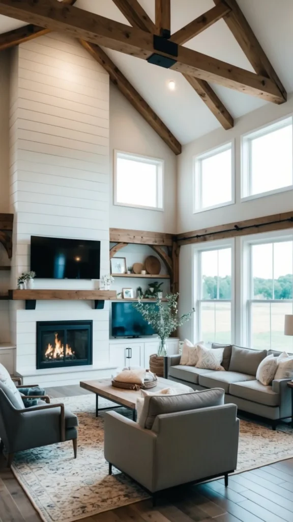 modern farmhouse living room large family table anchored communal