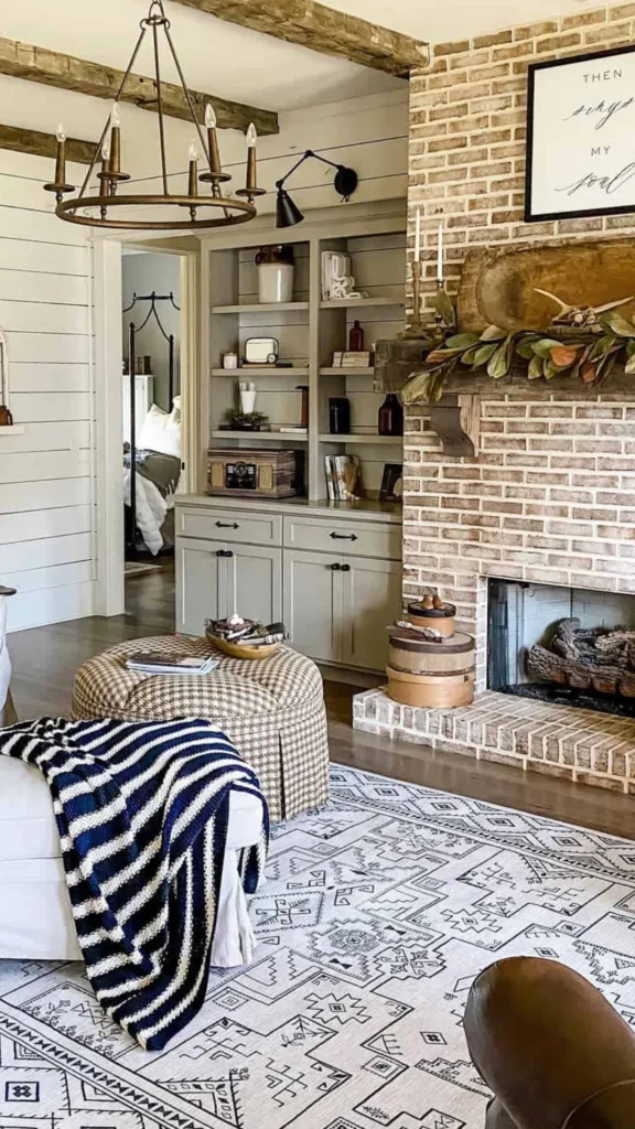 modern farmhouse living room shiplap accent wall warm white subtle