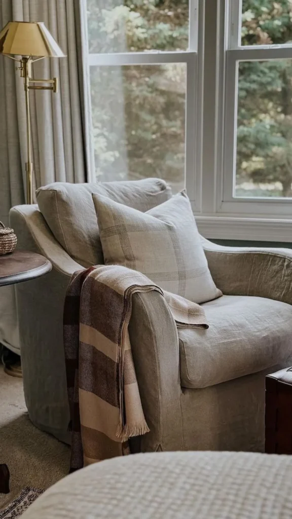 modern farmhouse living room reading corner slipcovered chair floor lamp