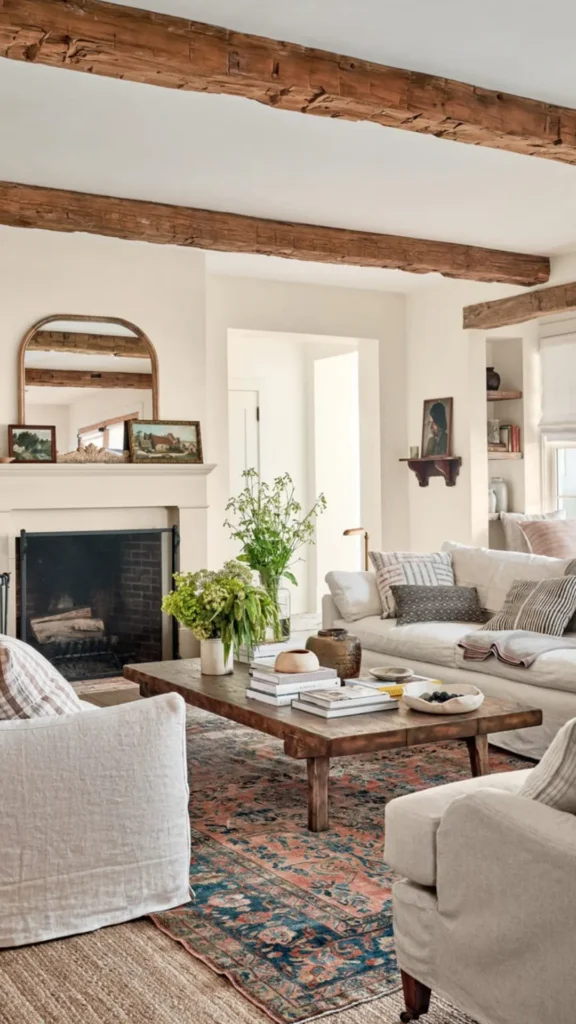 modern farmhouse living room seasonal styling dried wheat autumnal