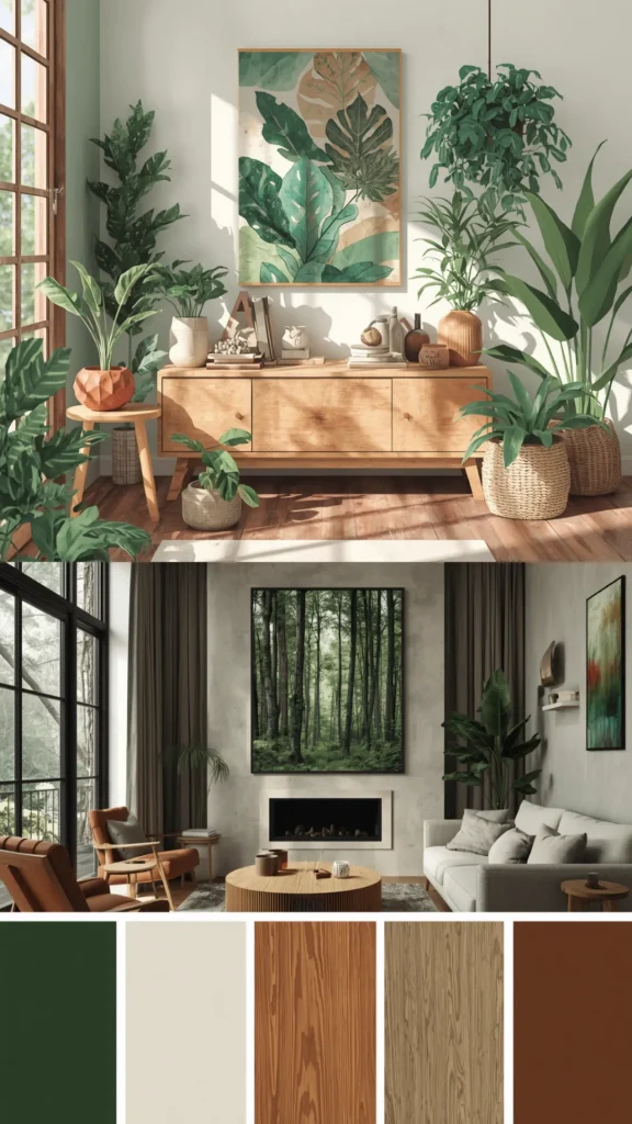 biophilic home design colour palette forest greens earthy neutrals wood tones terracotta