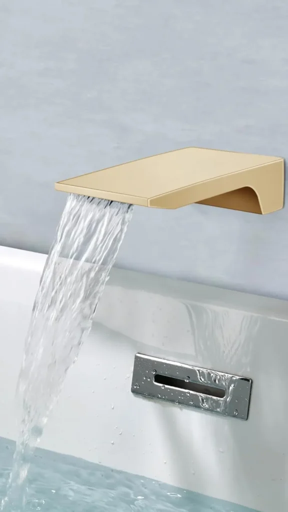 japandi contemporary fusion bathroom waterfall tub filler brushed brass