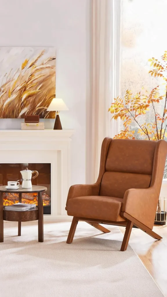 curved accent chair beside fireplace warm glowing cozy