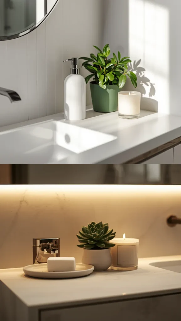 luxury bathroom on a budget decluttered surfaces cleared styled three objects soap plant candle