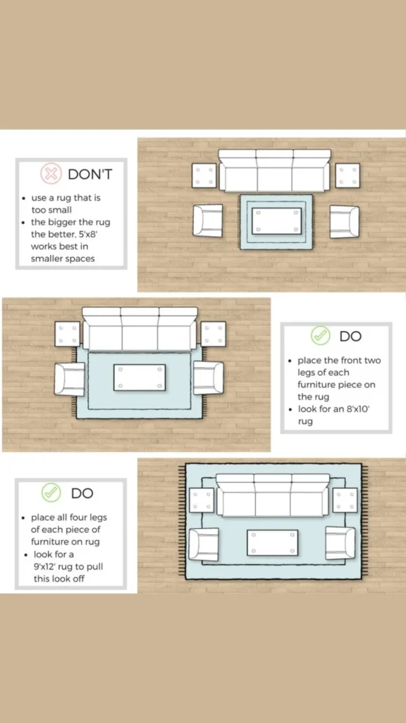 living room rug ideas correct size versus too small difference same room 2026