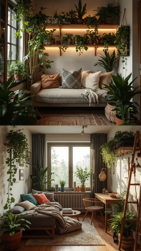 biophilic home design small space apartment plants natural materials warm light transformed