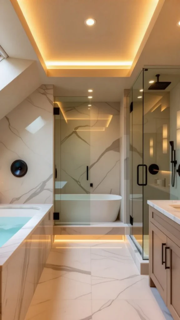 japandi contemporary fusion bathroom integrated sound system discreet speakers