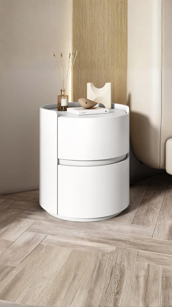 curved bedside table round pedestal single sculptural base bedroom warm 2026