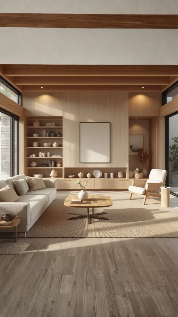 japandi living room ideas core elements warm wood neutral palette ceramics natural light 2026