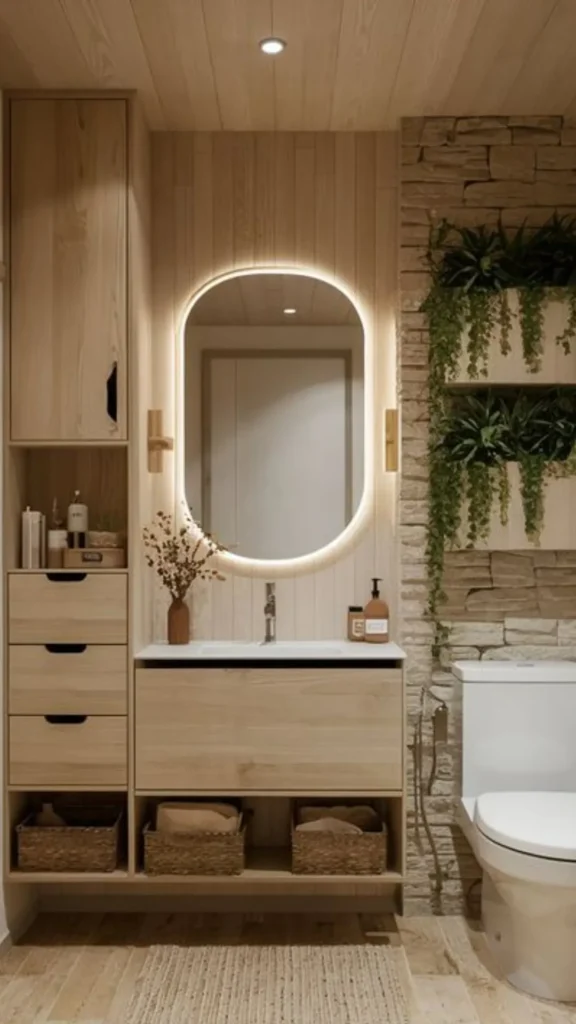 japandi contemporary fusion bathroom powder room sculptural basin smart lighting