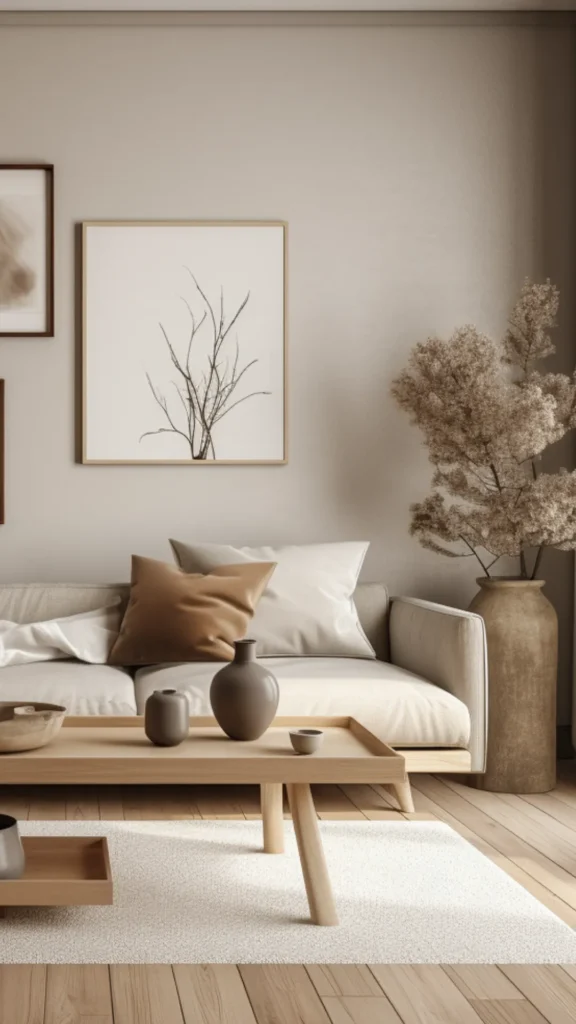 japandi living room ideas single art piece above sofa understated