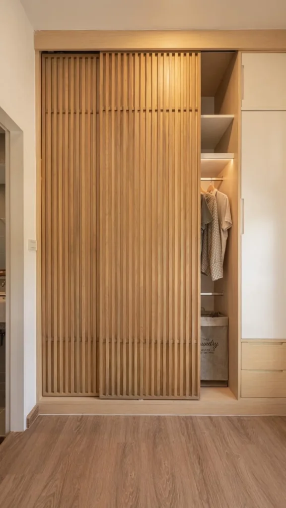 japandi bedroom ideas wood slatted wardrobe doors warm 2026