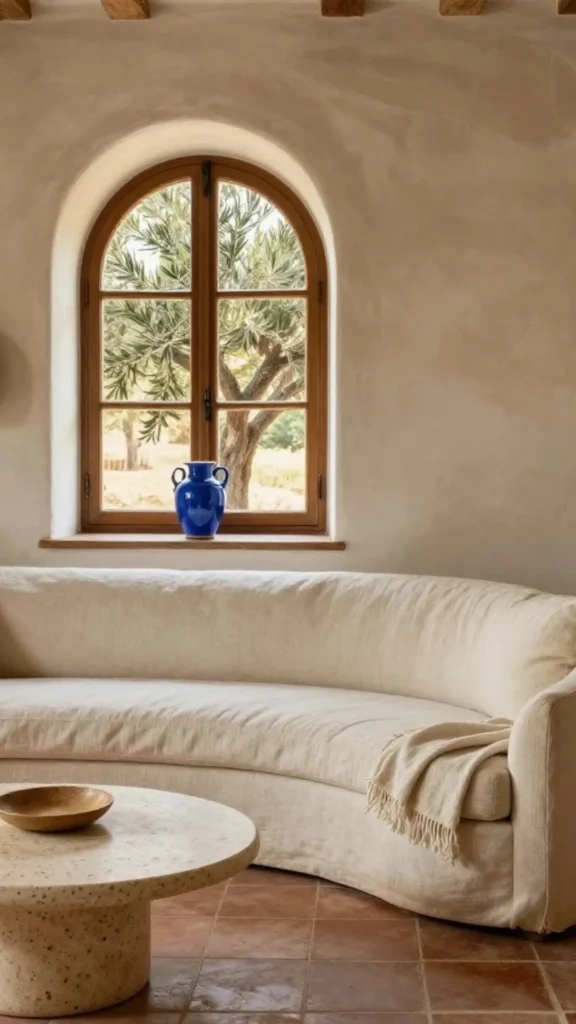 how to style curved sofa facing bay window framing outdoor view