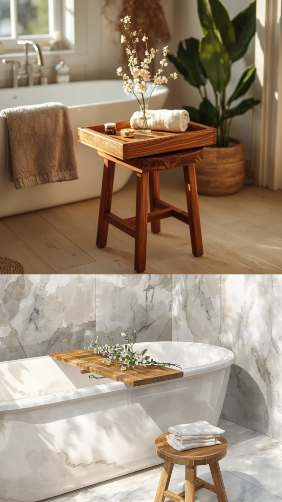 luxury bathroom on a budget teak bath tray wooden stool organic warmth spa natural