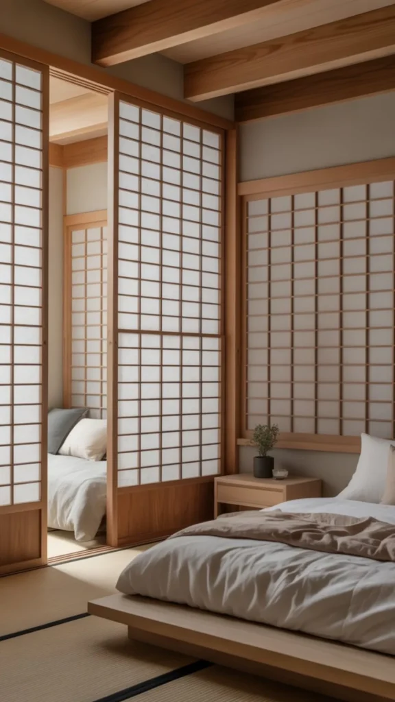 japandi bedroom ideas shoji panel sliding divider dressing area 2026