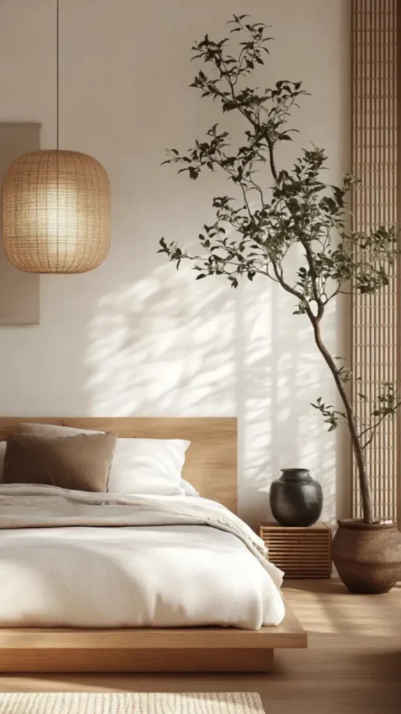 japandi bedroom ideas jute rug extending beyond platform bed 2026