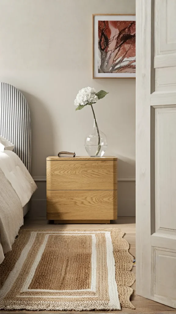 curved bedside table wood stone top warm bedroom natural luxury 2026